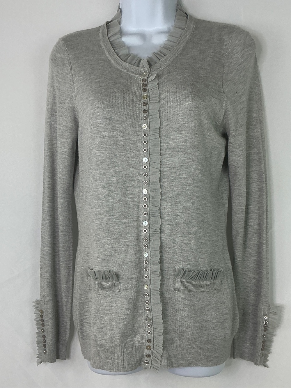 ivy jane Light Gray Ruffle-Trim Cardigan Sweater - Women's Size S NWT